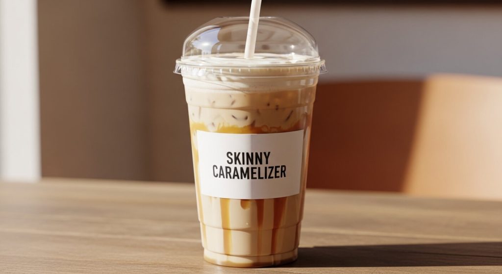 A Skinny Caramelizer drink placed on a table.