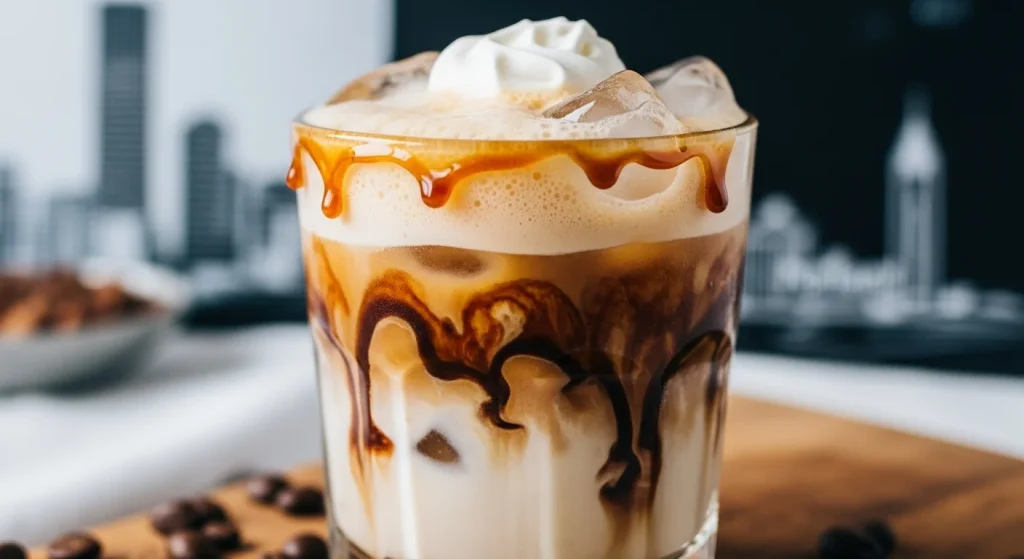 Icy keto caramelizer twist in a glass, blending espresso, sugar-free chocolate and caramel with almond milk for a creamy, low-carb delight.