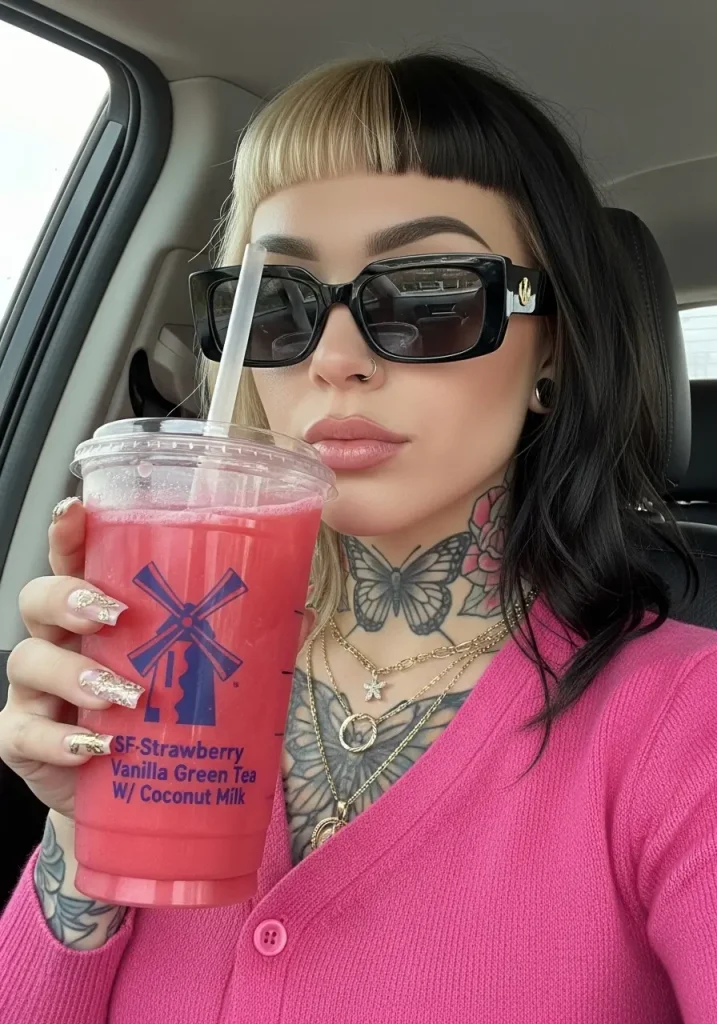 A woman wearing red shirt with Sugar-Free Strawberry Vanilla Green Tea drinking. 