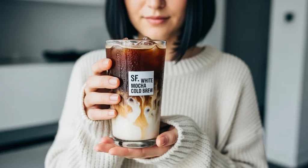 A woman with Sugar-Free White Mocha Nitro Cold Brew