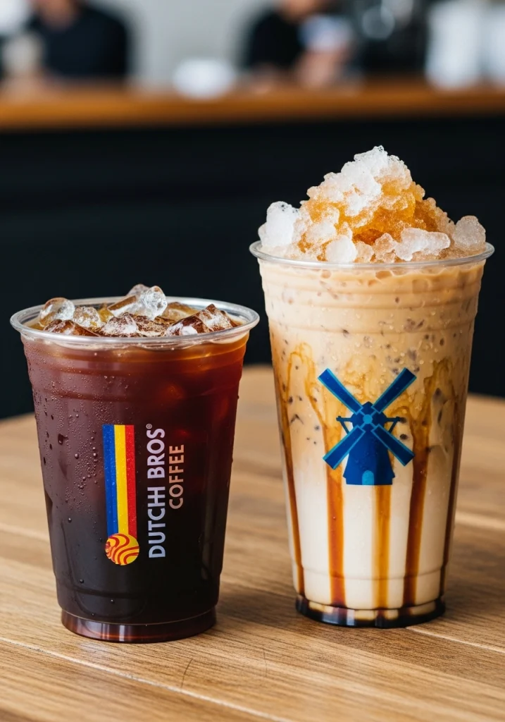 Two iced coffee drinks placed on a table of a shop.
