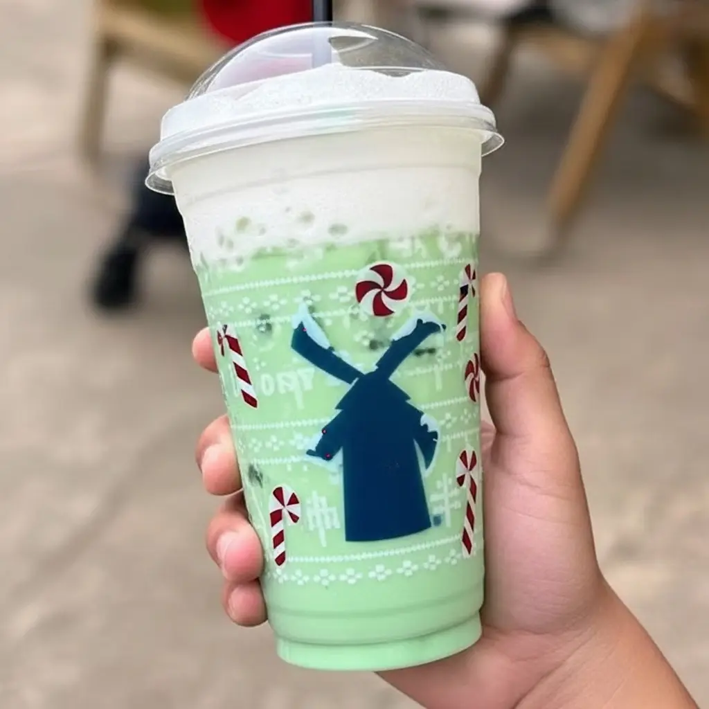 A Winter Shimmer Rebel dutch bros dinks on a hand holding it.