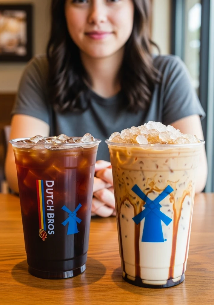 A Young woman showing 2 Iced Coffee drinks at a coffee shop.