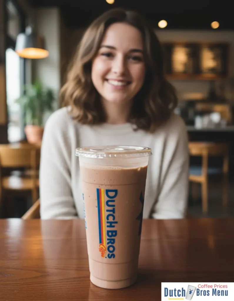 7 Dutch Bros Iced Coffee Drinks To Try 9 A smiling woman with dutch bros Double Chocolate Mocha