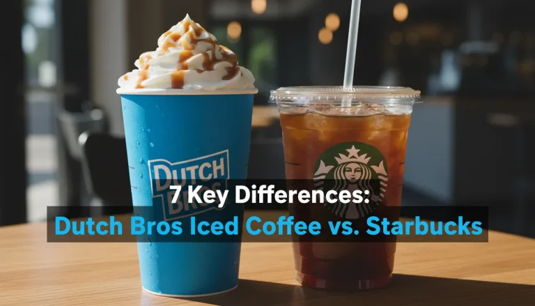 Hero thumbnail comparing Dutch Bros and Starbucks iced coffees with bold text overlay highlighting seven key differences.