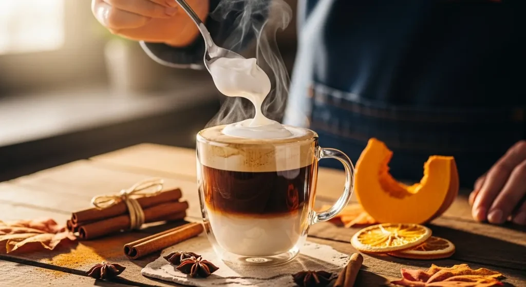 Spoonful of Fall Soft Top being added to a hot coffee for a creamy autumn drink.