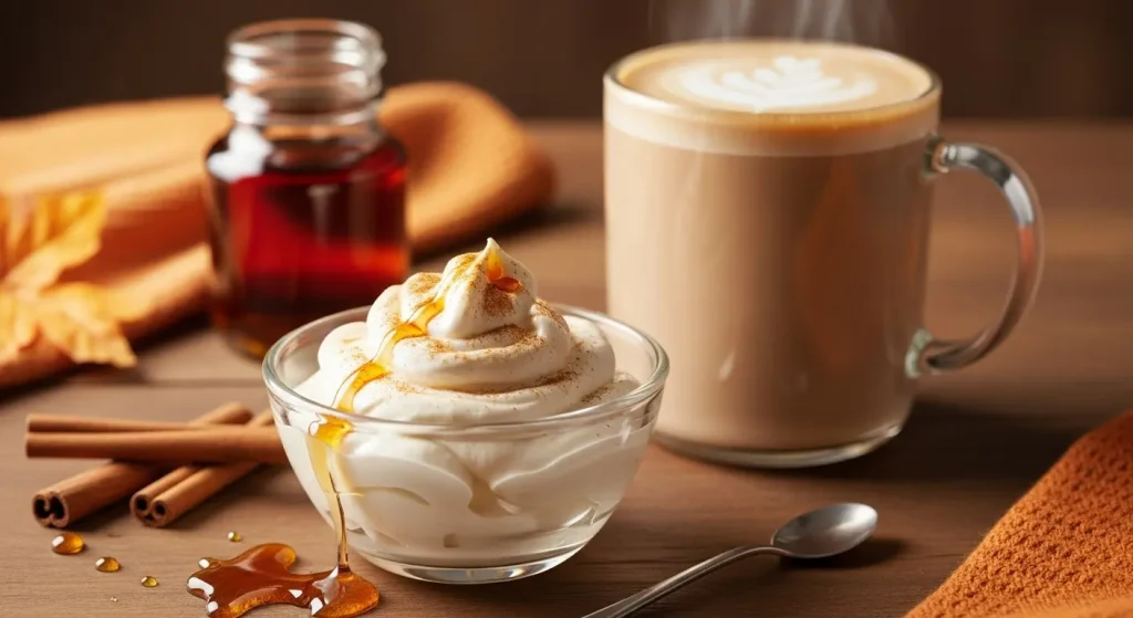 Homemade Fall Soft Top cream with pumpkin spice and maple syrup beside a chai latte on a rustic wooden table.