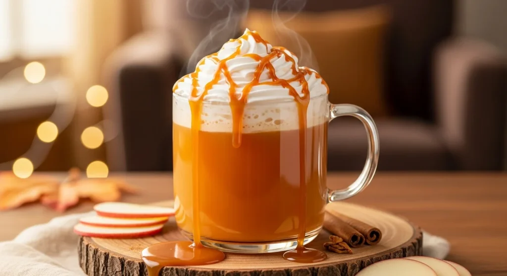 Homemade Dutch Bros Caramel Apple Cider topped with whipped cream and caramel drizzle.