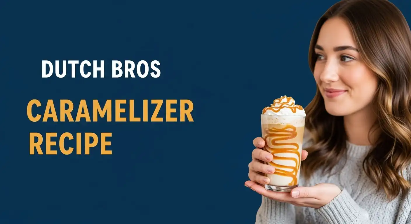 Refreshing iced Dutch Bros-style Caramelizer in a glass, topped with whipped cream and caramel drizzle.