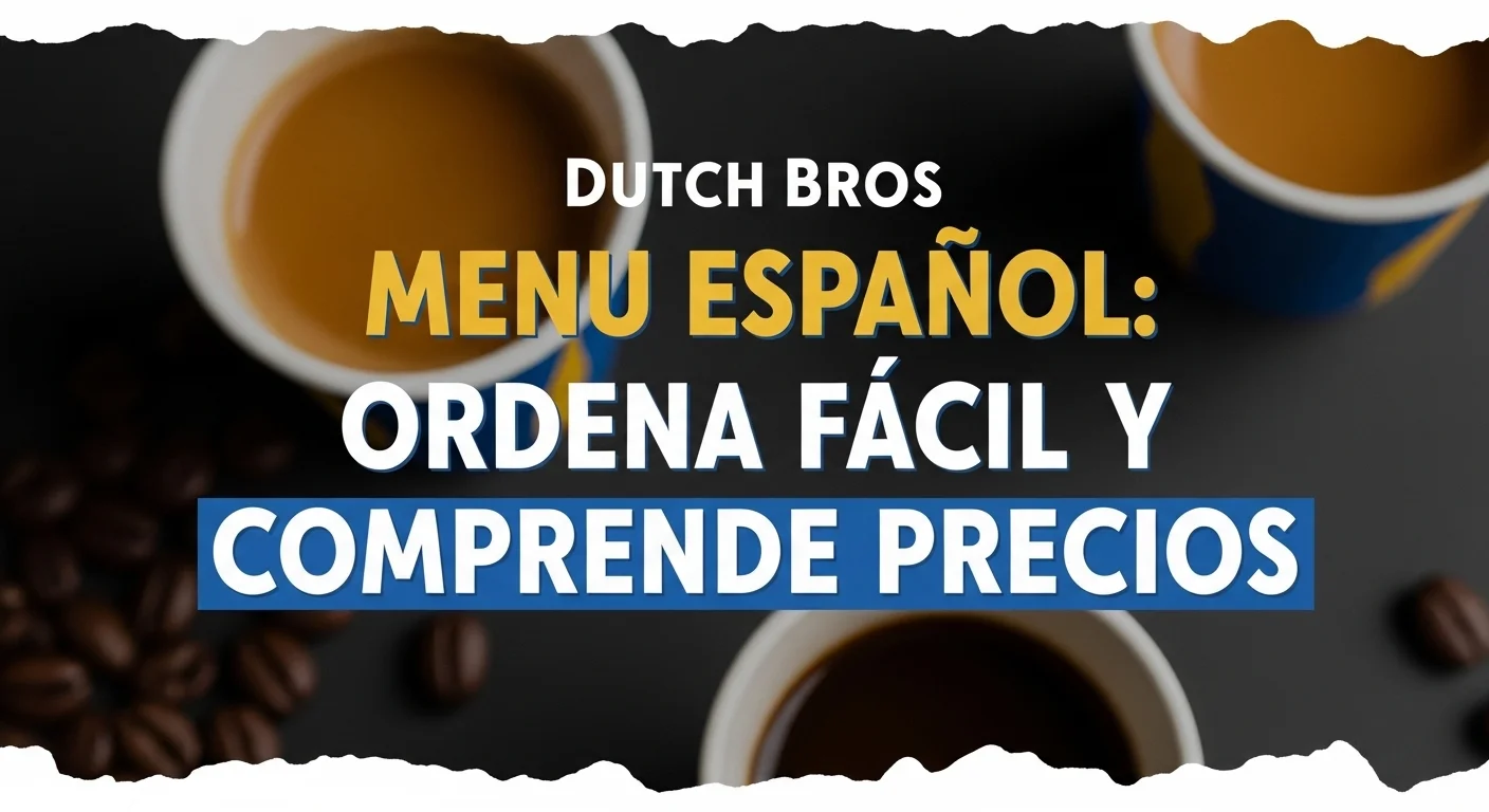 Thumbnail showing bold text ‘Dutch Bros Menu Español: Ordena Fácil y Comprende Precios’ over a coffee-themed background with cups and Dutch Bros colors.