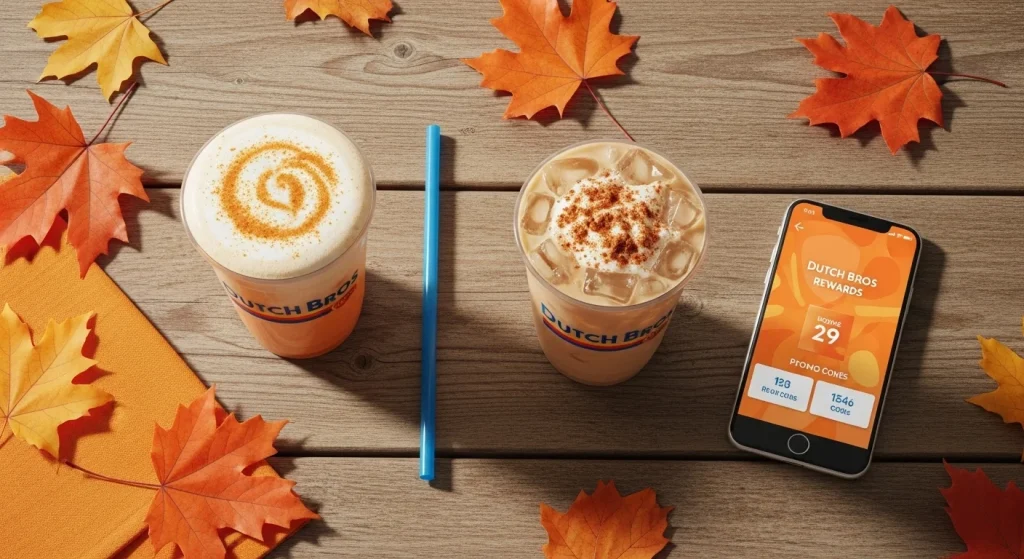 Dutch Bros Promo Codes: 2 Dutch Bros fall-themed drinks including a pumpkin latte and iced chai on a wooden table with autumn leaves, representing seasonal deals and app rewards.