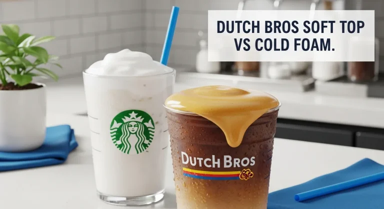 Close-up of a Dutch Bros iced coffee with creamy soft top foam, showing its thick, velvety texture beside a lighter Starbucks cold foam for comparison.