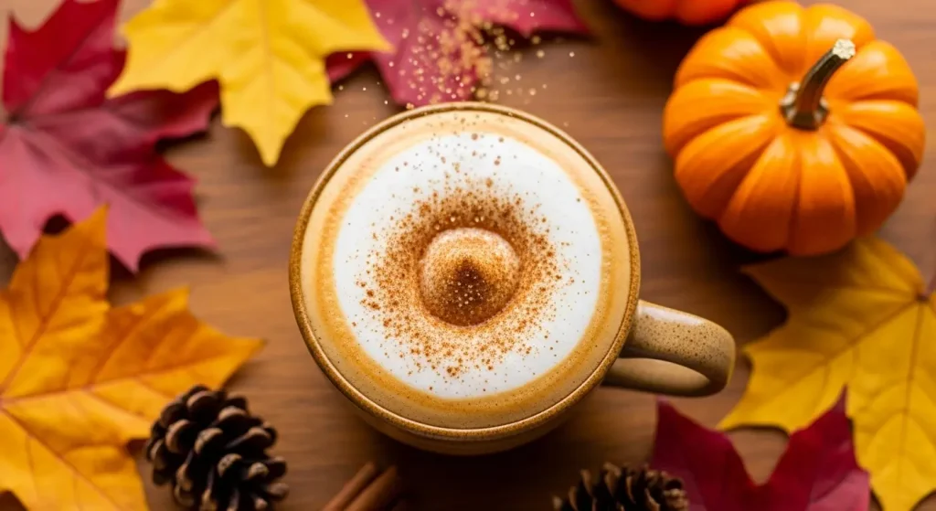 Coffee topped with Fall Soft Top and sprinkled cinnamon sugar, styled with autumn accents.