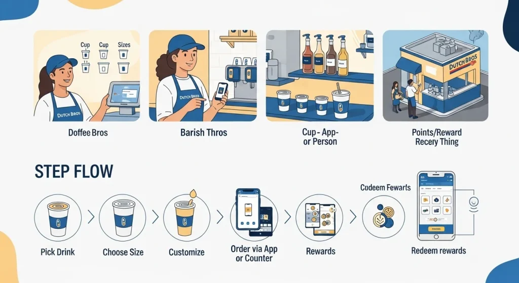 Infographic illustrating five steps to order at Dutch Bros, choose drink, size, customize, order via app or barista, and redeem rewards, with coffee cup and app icons in Dutch Bros colors.