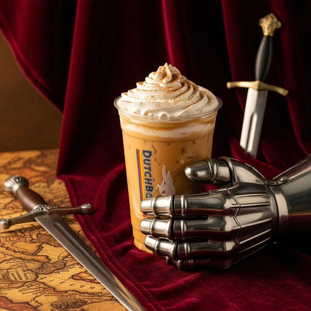 An Iced Pumpkin Pie Chai with whipped cream and cinnamon, presented with knight's armor and a velvet cloak for a noble Halloween theme.