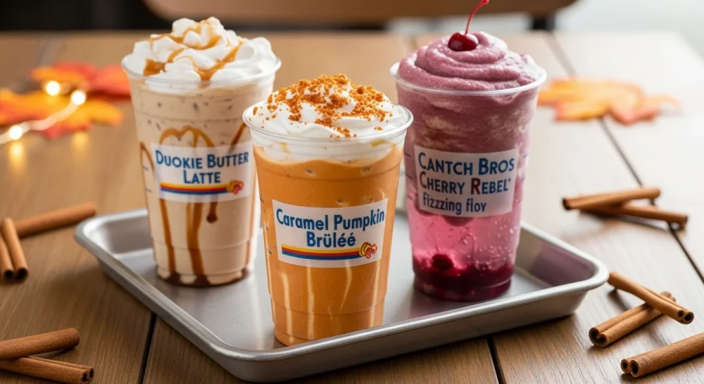 Assorted Dutch Bros fall drinks 2025 menu items on display.