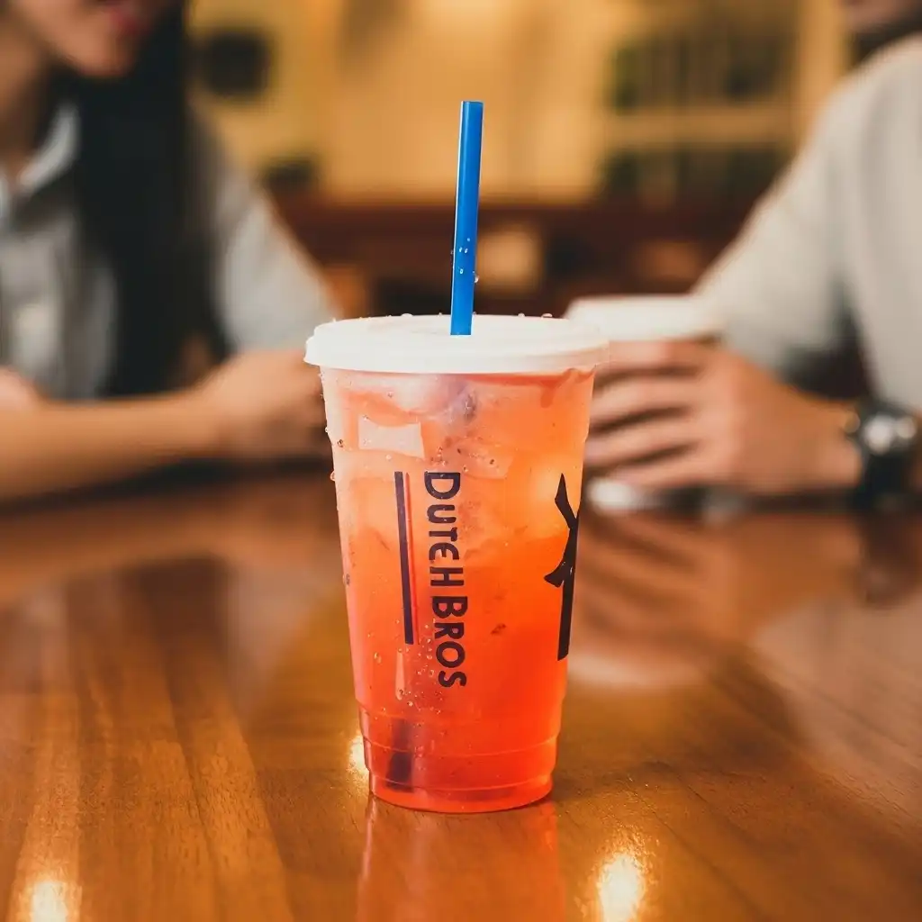 A Ray of Sunshine dutch bros drink placed on a wooden table.