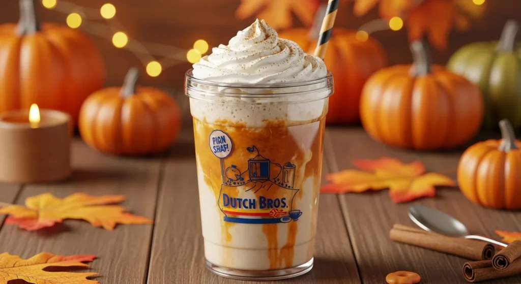 Best Dutch Bros Orders for Sweater Weather 4 Frosted Sweater Weather Chai Latte in a glass mug topped with whipped cream, cinnamon, and nutmeg, surrounded by autumn decor and pumpkins.