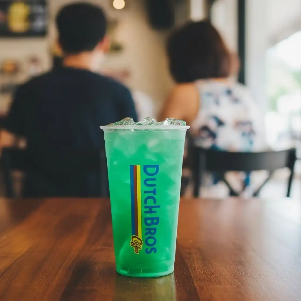 A Tropical Tea drink at a table back of couple in a coffee shop.