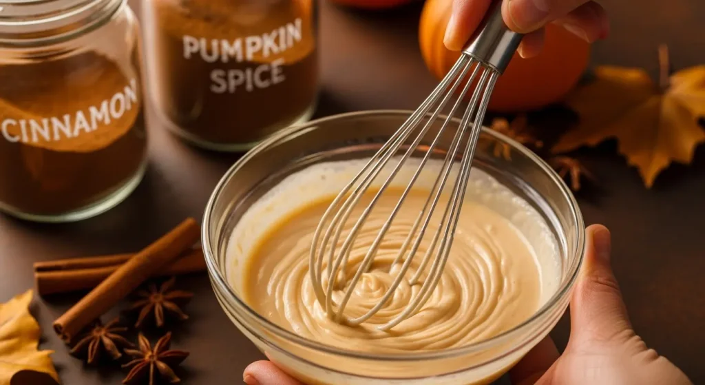 Whipping heavy cream, buttermilk, maple syrup, and pumpkin pie spice together for Fall Soft Top cream.