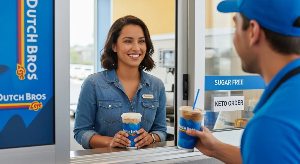 Customer ordering a keto iced coffee at a Dutch Bros drive-thru with a barista smiling at the window.