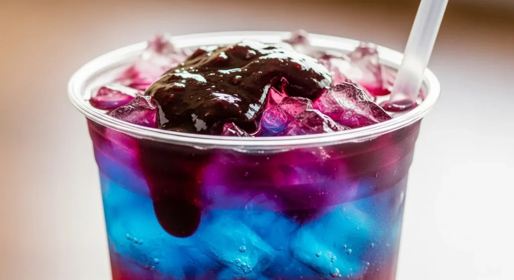 Rebel energy drink with a dark fruit flavor float sitting on top of the ice.