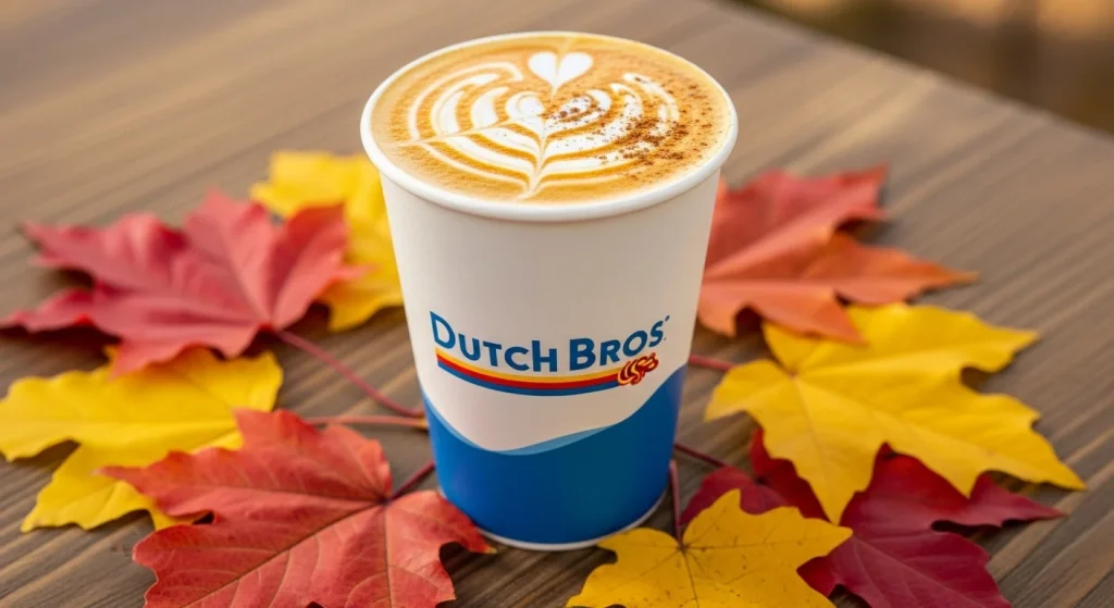 Coffee cup with pumpkin swirl latte art, fall leaves around