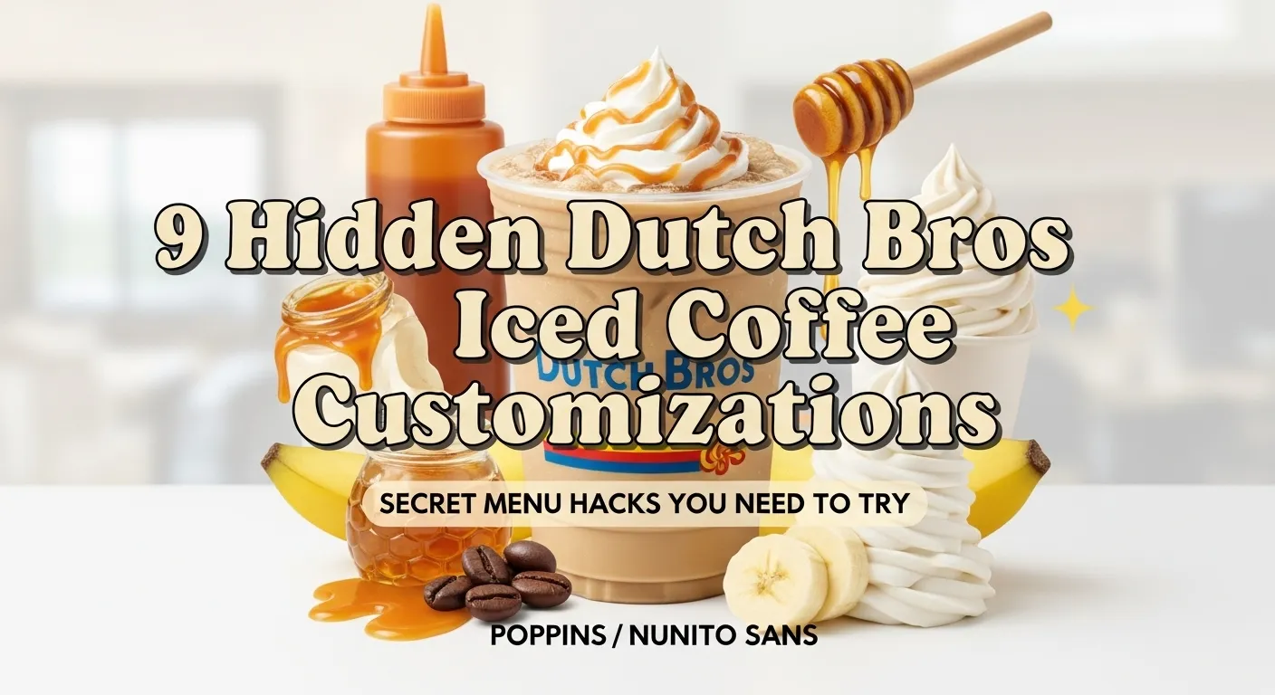 Thumbnail image showing iced coffee cup with caramel drizzle and bold retro text ‘9 Hidden Dutch Bros Iced Coffee Customizations’ in warm brown and cream tones.