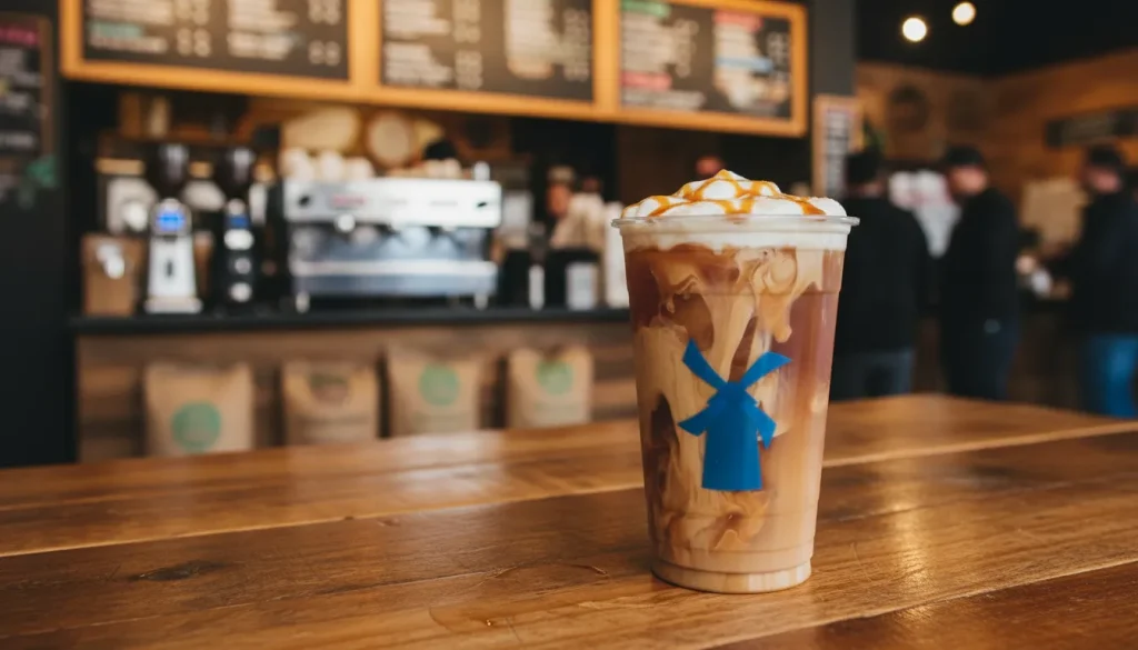 5 Seasonal Dutch Bros Iced Coffee Drinks 9 A Caramel Pumpkin Cold Brew placed on a wooden table in a coffee shop.