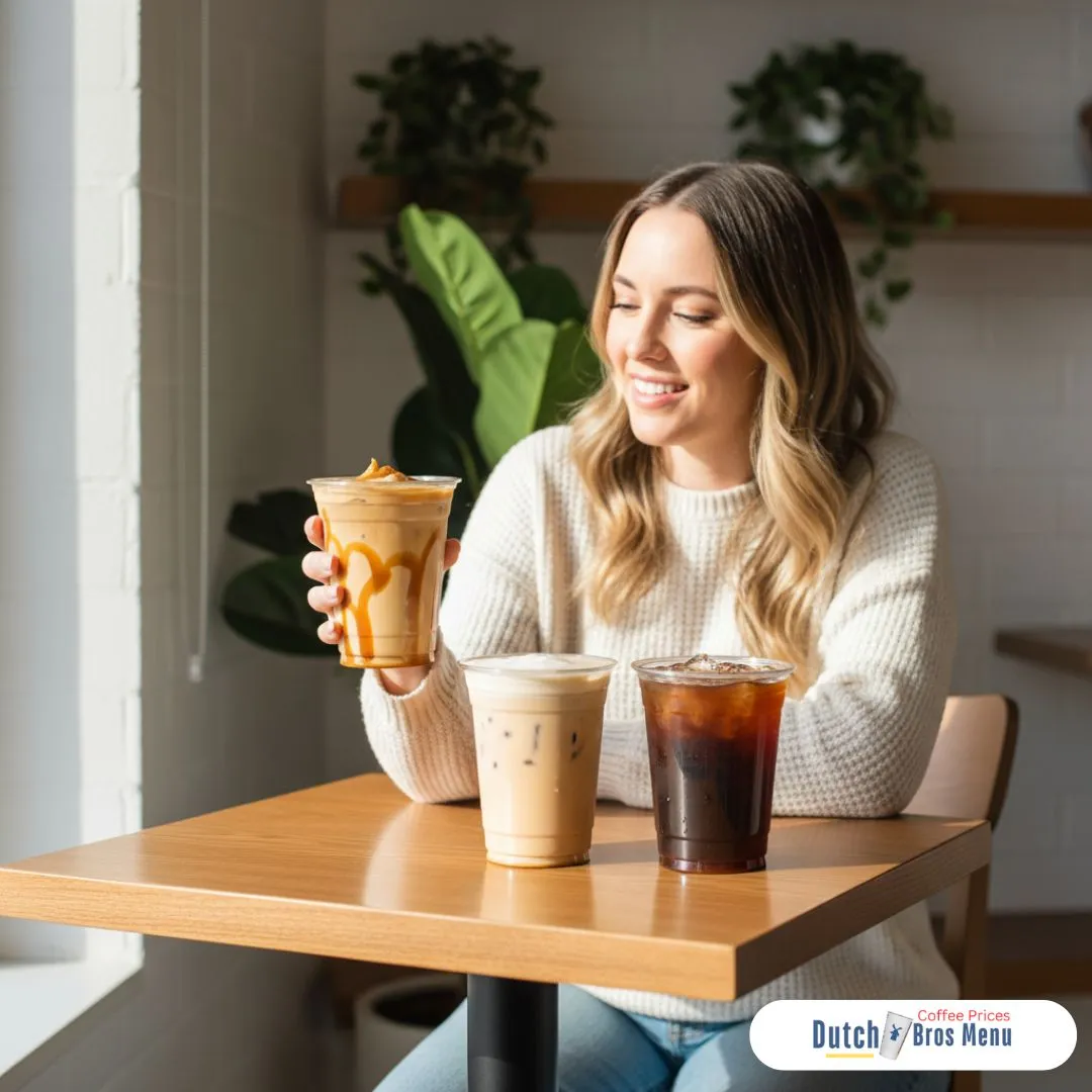 Find the Latest Dutch Bros Menu Prices, Drink Guides, and Fan Favorites 19 A woman enjoying chilled nitro and cold brew coffee drinks in a cozy cafe-style setting.
