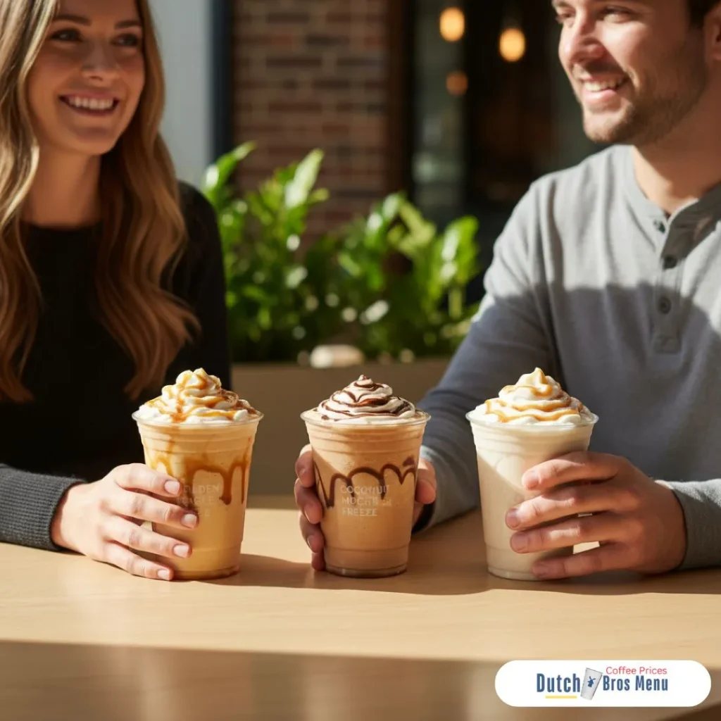 Dutch Bros Menu With Prices 2 A man and woman enjoying creamy blended freeze coffee drinks at a cozy cafe-style table.