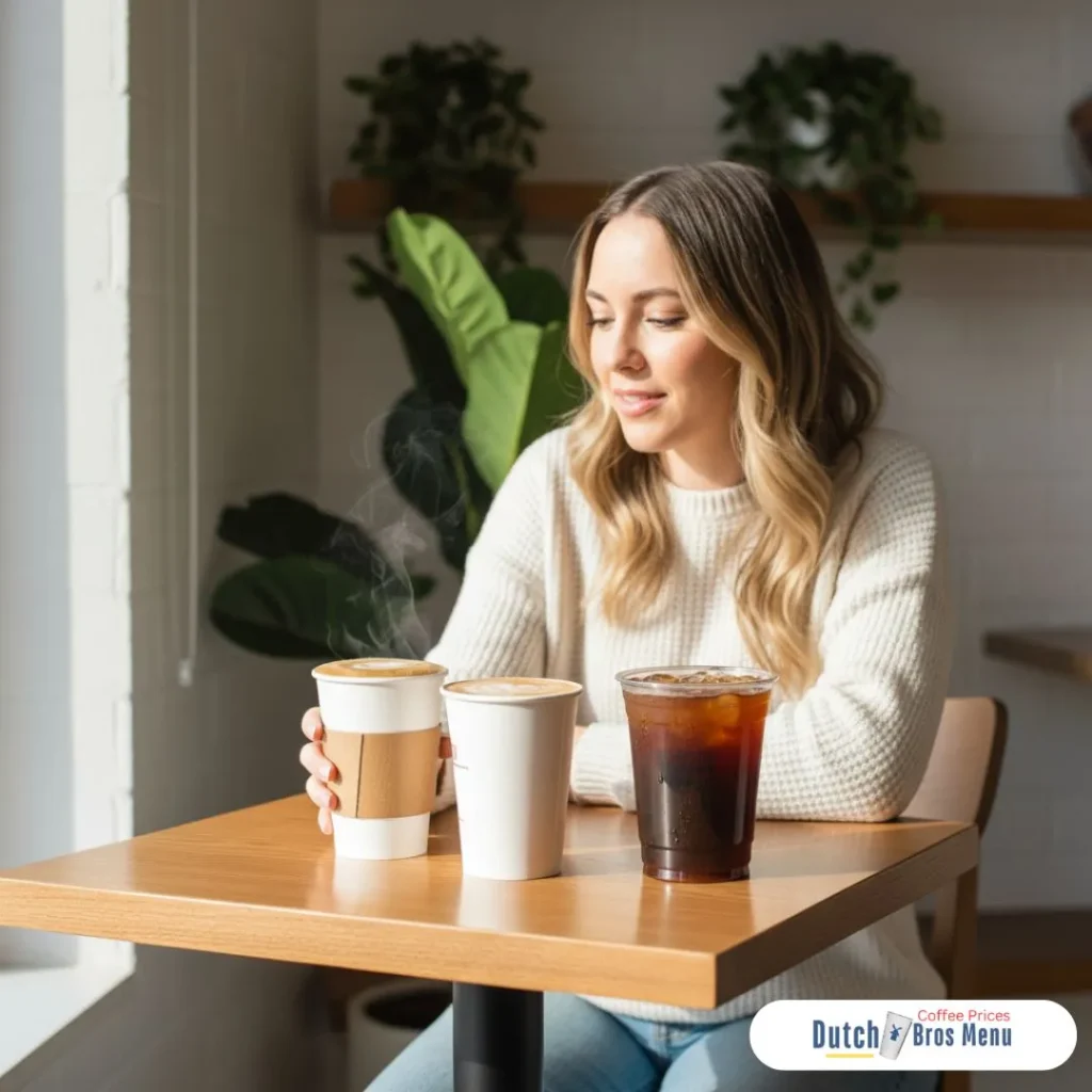Dutch Bros Menu With Prices 1 A woman enjoying classic Dutch-style coffee drinks on a cozy cafe table.