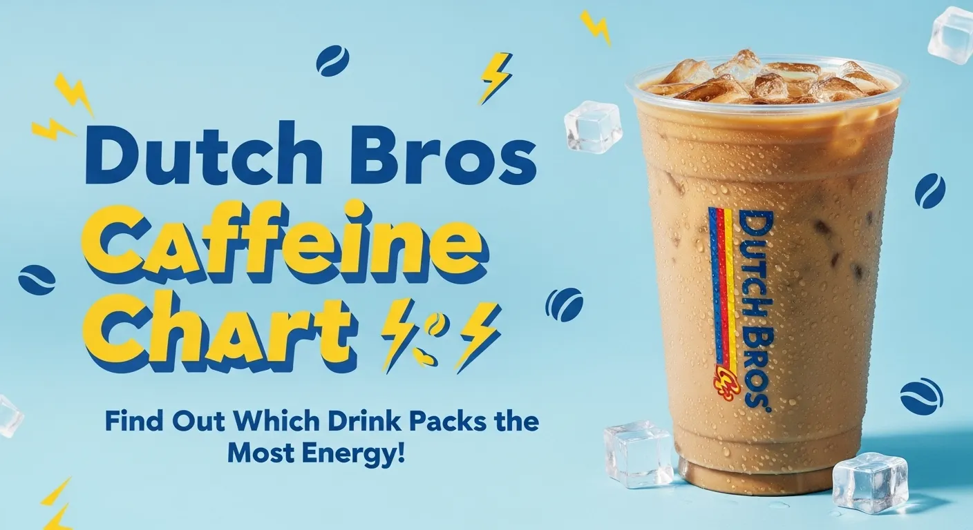 Dutch Bros Iced Coffee Caffeine Chart thumbnail, a tall iced coffee cup with ice cubes and bold text reading ‘Dutch Bros Caffeine Chart’ on a blue background with lightning and coffee icons.