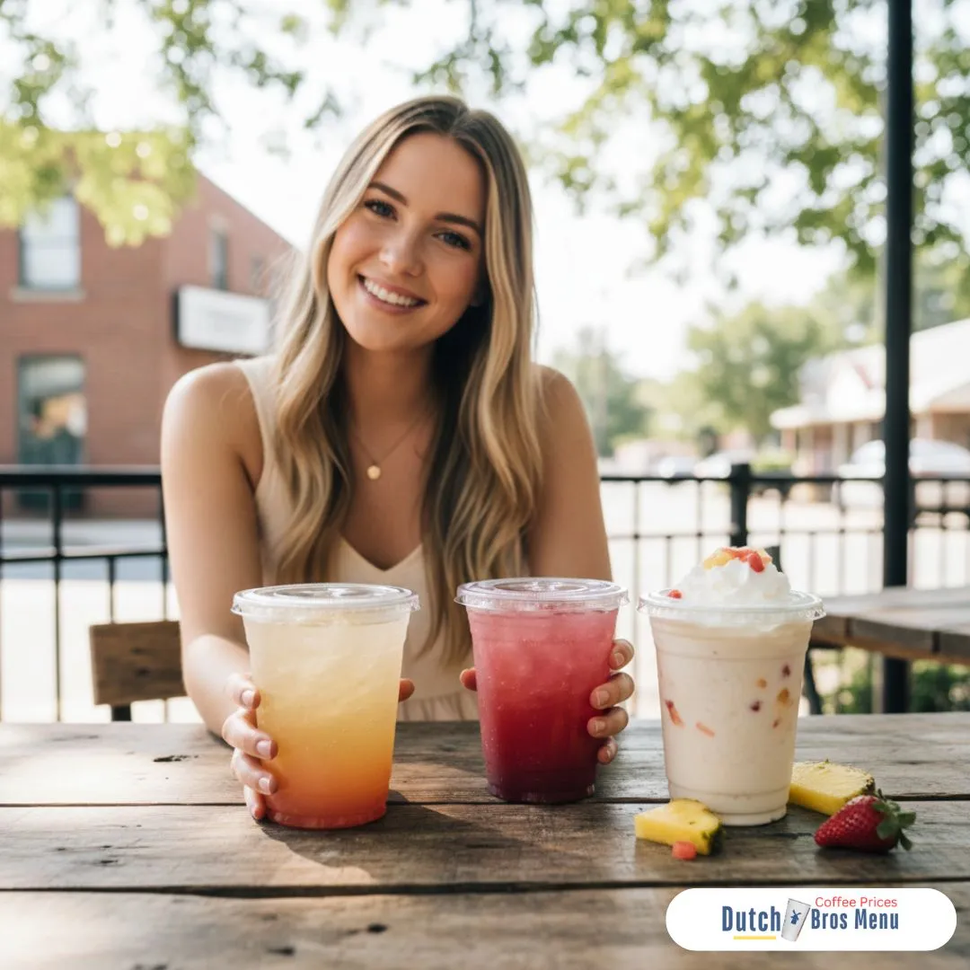 Find the Latest Dutch Bros Menu Prices, Drink Guides, and Fan Favorites 18 A woman enjoying colorful lemonade and Frost drinks at a cozy table with warm natural lighting.