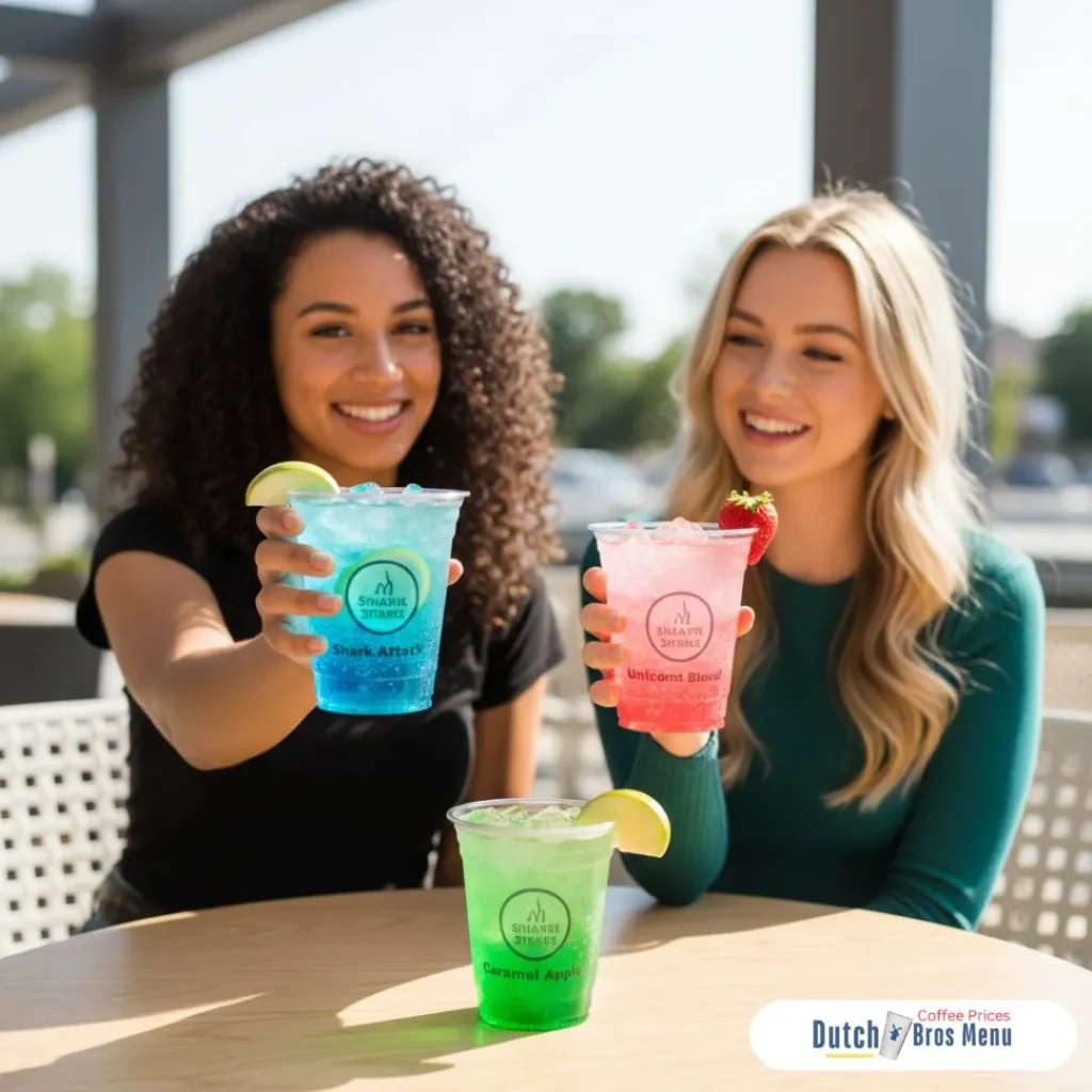 Dutch Bros Menu With Prices 3 A woman holding colorful iced Rebel energy drinks on a bright cafe table.