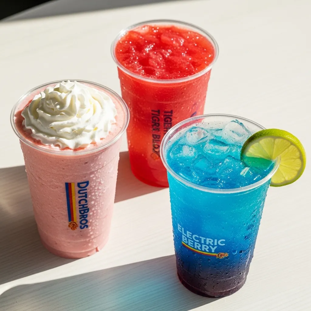 Find the Latest Dutch Bros Menu Prices, Drink Guides, and Fan Favorites 17 Colorful smoothies and sodas in clear cups with whipped cream and fruit flavors on a bright tabletop.