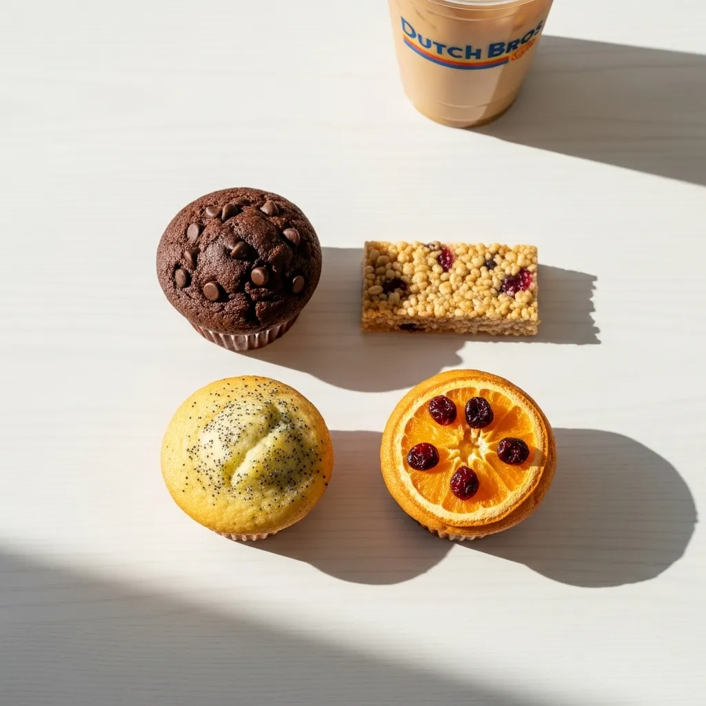 Find the Latest Dutch Bros Menu Prices, Drink Guides, and Fan Favorites 16 Assortment of muffin tops and a granola bar on a clean tabletop with an iced coffee in the background.