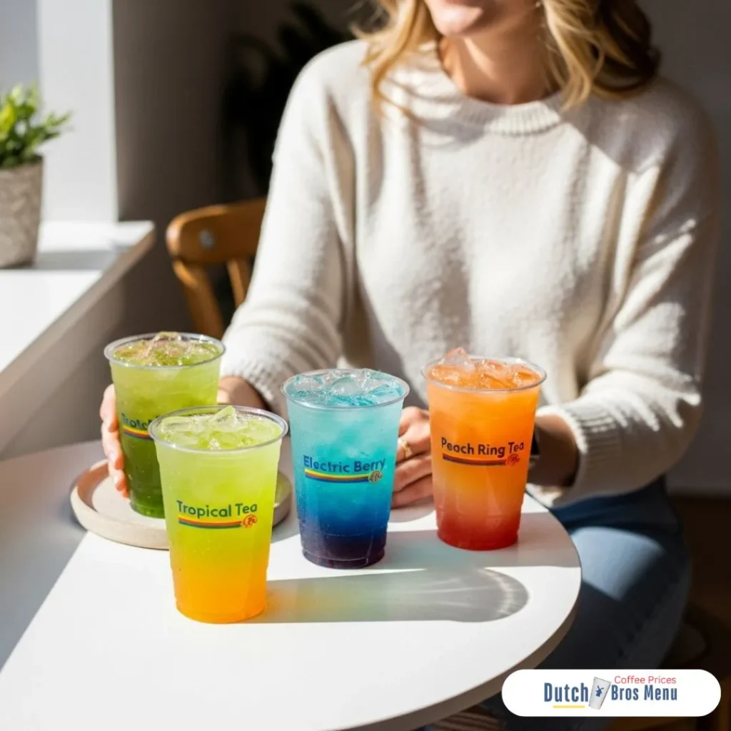 Dutch Bros Menu With Prices 4 A woman enjoying colorful iced tea drinks in clear cups on a cozy cafe table.