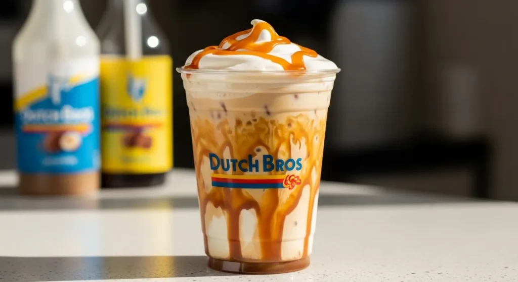 9 Hidden Dutch Bros Iced Coffee Customizations 3 “Homemade Dutch Bros-style iced coffee with caramel, hazelnut syrup, and oat milk topped with soft top and caramel drizzle.