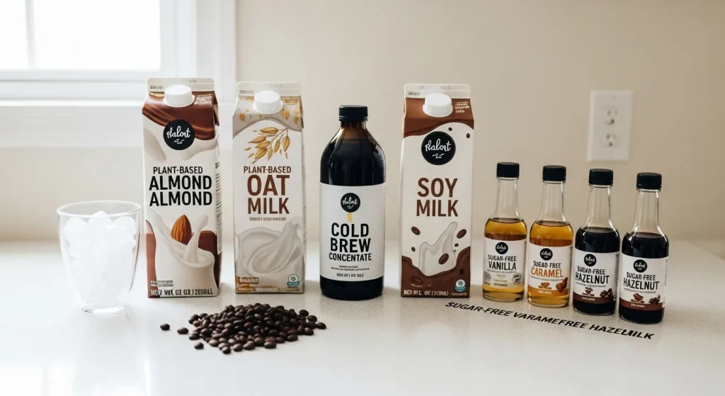 How to Make Dutch Bros Iced Coffees at Home, Easy Copycat Recipes 3 Flat-lay image showing almond milk, oat milk, soy milk, cold brew concentrate, and sugar-free syrups for easy coffee swaps.
