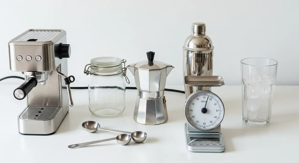 How to Make Dutch Bros Iced Coffees at Home, Easy Copycat Recipes 2 Flat-lay photo of basic coffee gear including an espresso machine, jar shaker, measuring tools, and a tall cup of ice.