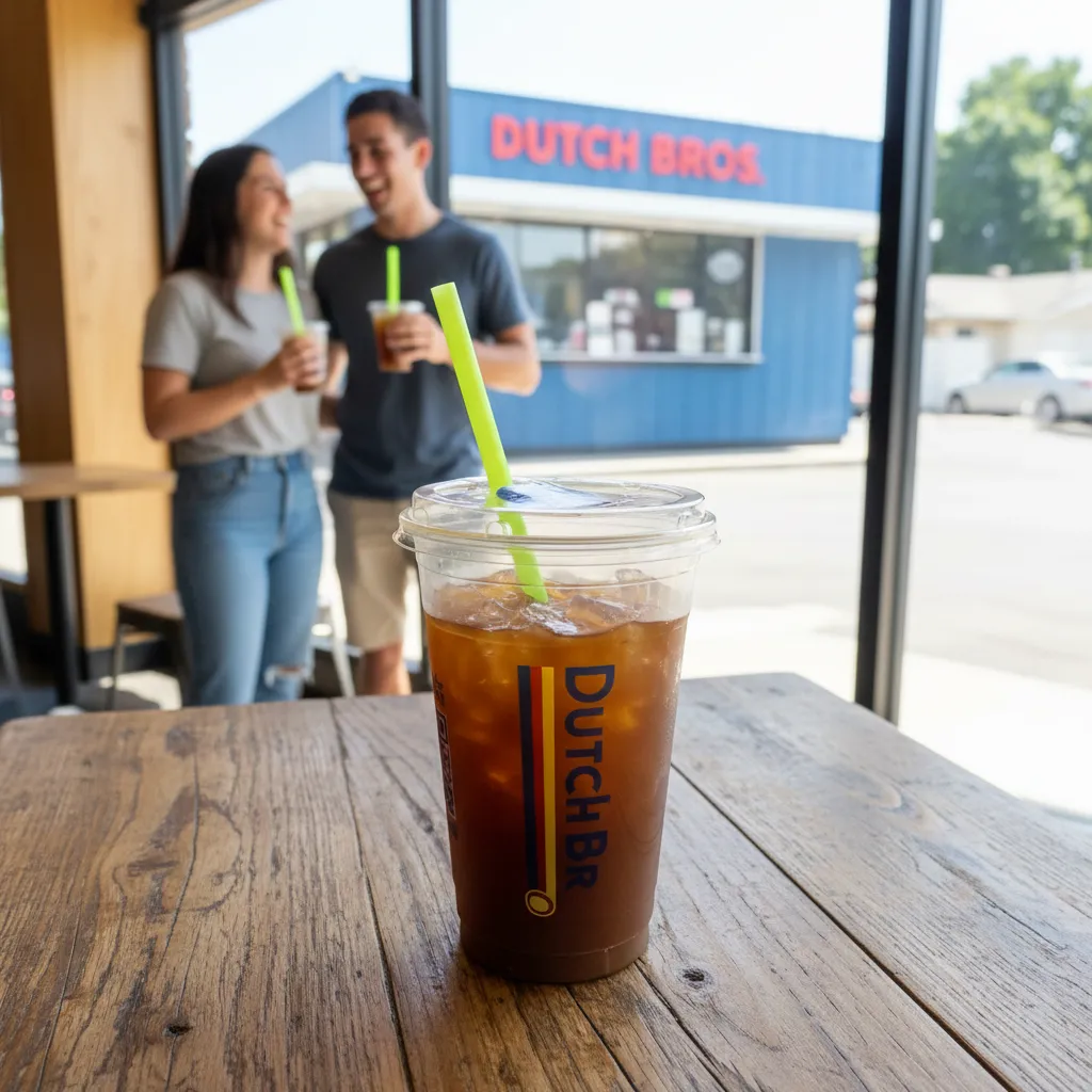 A Golden Eagle Nitro Cold Brew at dutch bros in front of couple.
