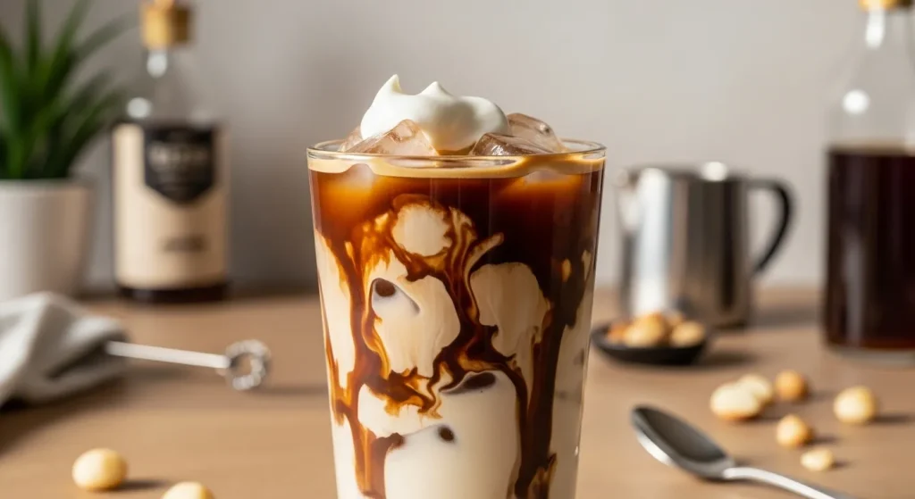 How to Make Dutch Bros Iced Coffees at Home, Easy Copycat Recipes 6 Tall glass of homemade Iced Annihilator with ice, chocolate macadamia syrup, and creamy half and half.