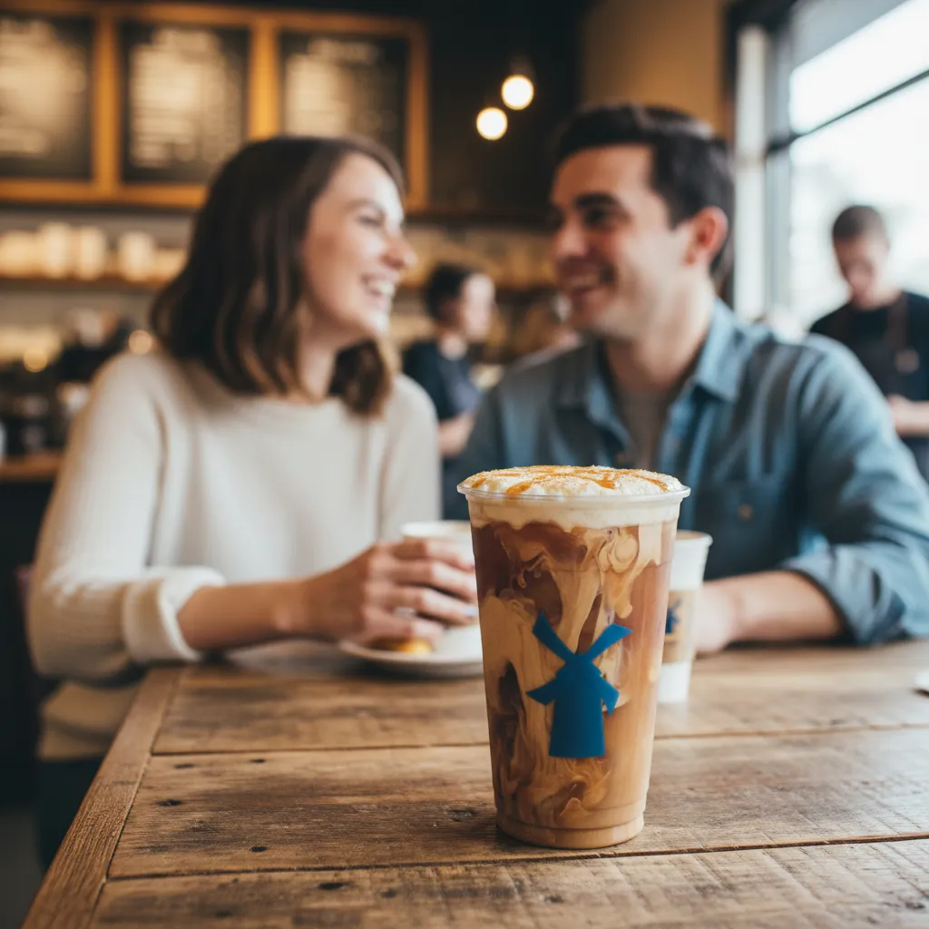 5 Seasonal Dutch Bros Iced Coffee Drinks 2 A Iced Caramel Pumpkin Cold Brew ready to serve on front of a young couple.