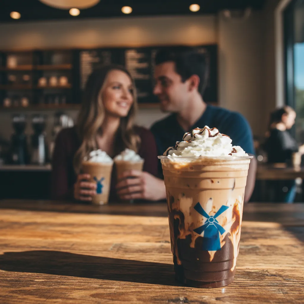 5 Seasonal Dutch Bros Iced Coffee Drinks 7 A dutch bros Iced Coconut Mocha placed on a table of front of couple.