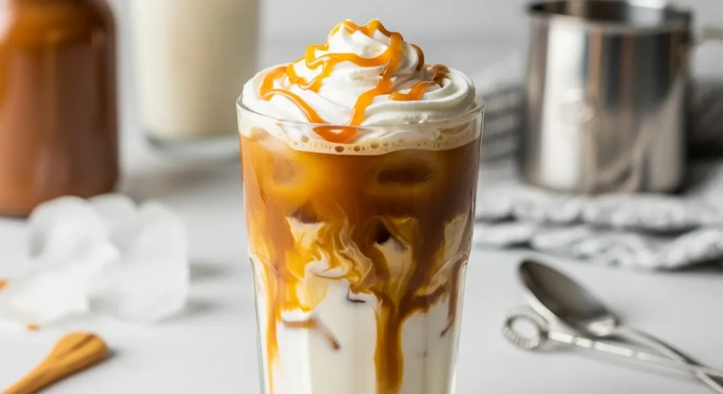 How to Make Dutch Bros Iced Coffees at Home, Easy Copycat Recipes 4 Tall glass of homemade Iced Golden Eagle with whipped cream, caramel drizzle, and visible ice cubes.