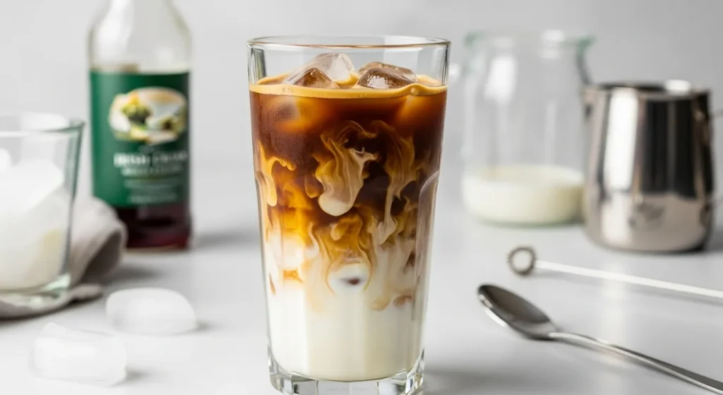 How to Make Dutch Bros Iced Coffees at Home, Easy Copycat Recipes 5 Tall glass of homemade Iced Kicker with ice, Irish cream flavor, and creamy half and half.