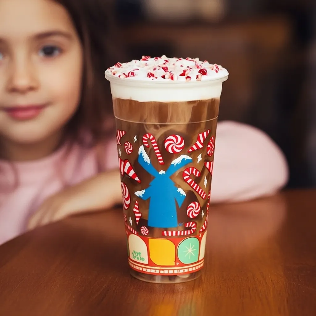 5 Seasonal Dutch Bros Iced Coffee Drinks 5 A kid with Iced Peppermint Bliss Mocha at front of her on a table.