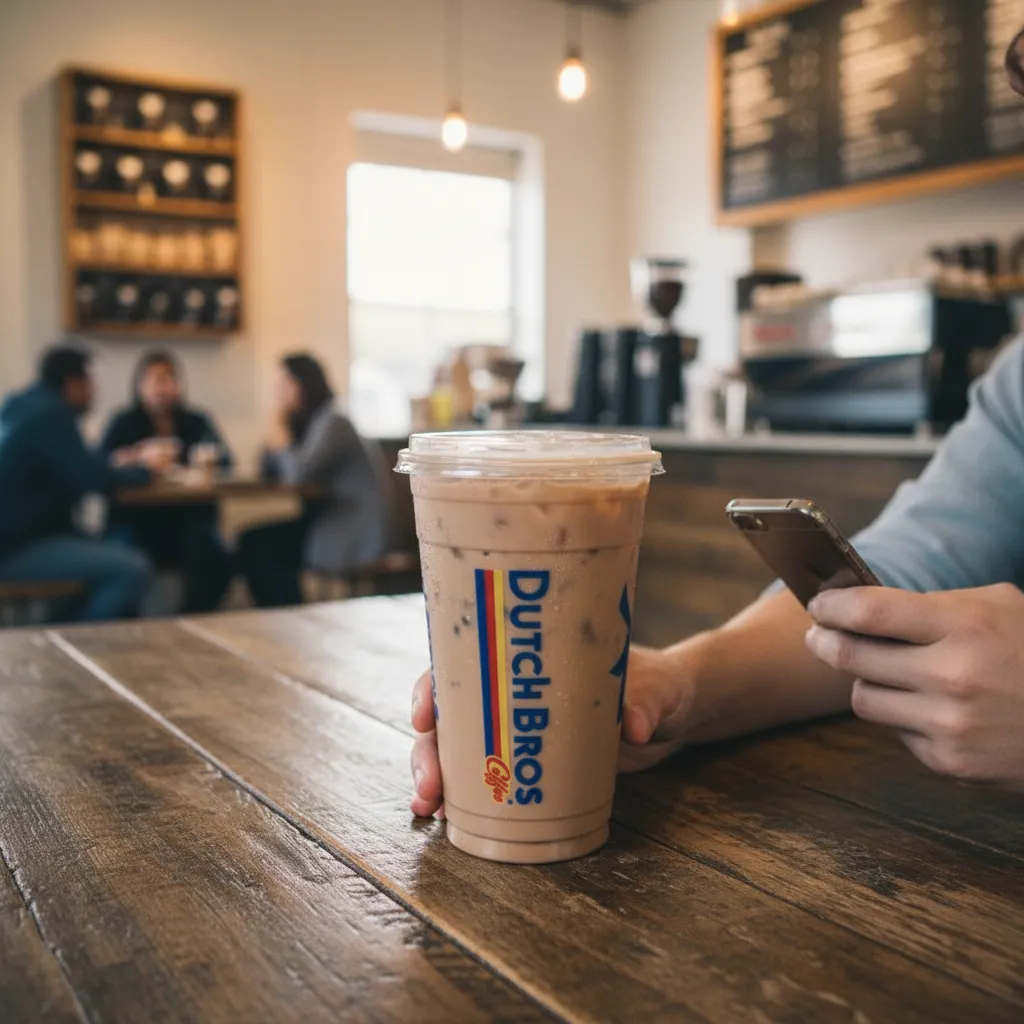 Dutch bros Nitro Annihilator drink on a wooded table.