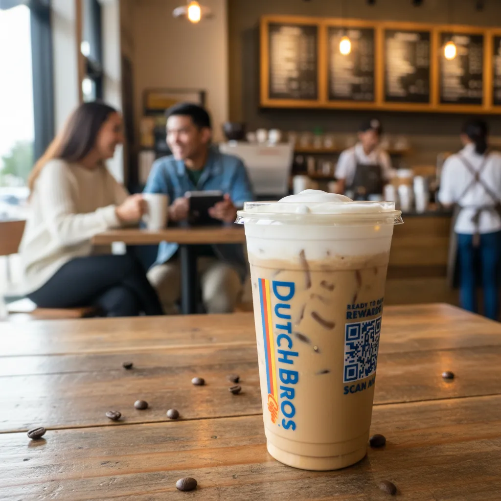 A Vanilla Cold Brew w Cream drinks place on a coffee shop table.